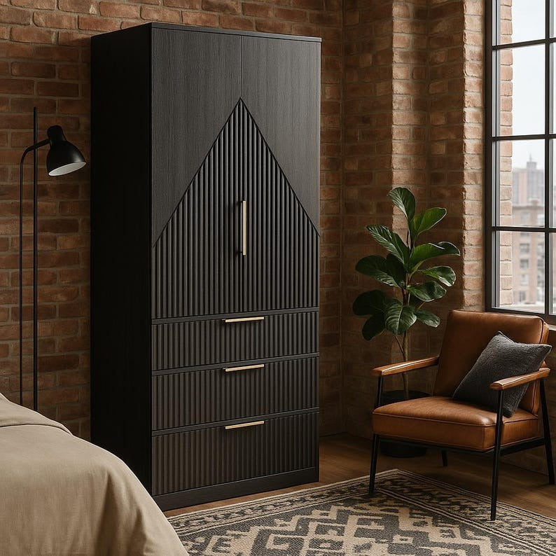 Modern Black Wood Wardrobe Armoire