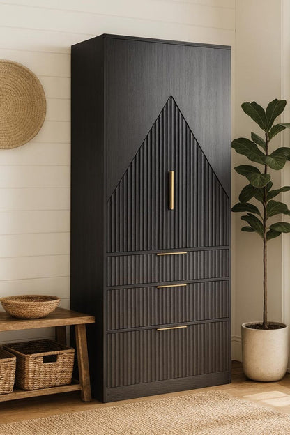 Modern Black Wood Wardrobe Armoire