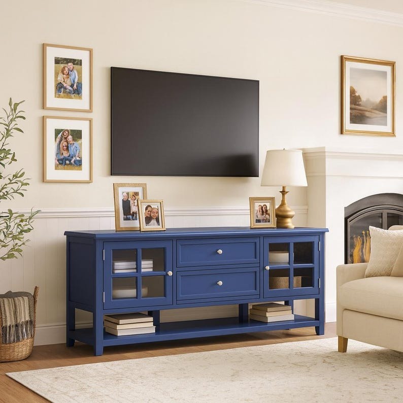Minimalist TV Stand with 2 Glass Doors & 2 Drawers