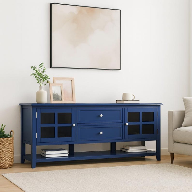 Minimalist TV Stand with 2 Glass Doors & 2 Drawers