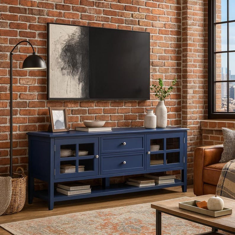 Minimalist TV Stand with 2 Glass Doors & 2 Drawers