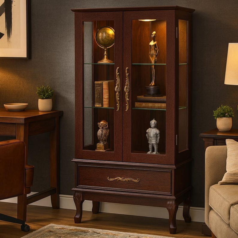 Lighted Curio Cabinet - Dark Cherry Display & Shelves