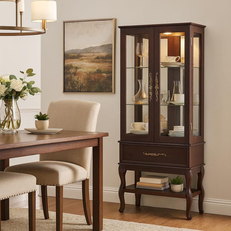 Lighted Curio Cabinet - Dark Cherry Display & Shelves