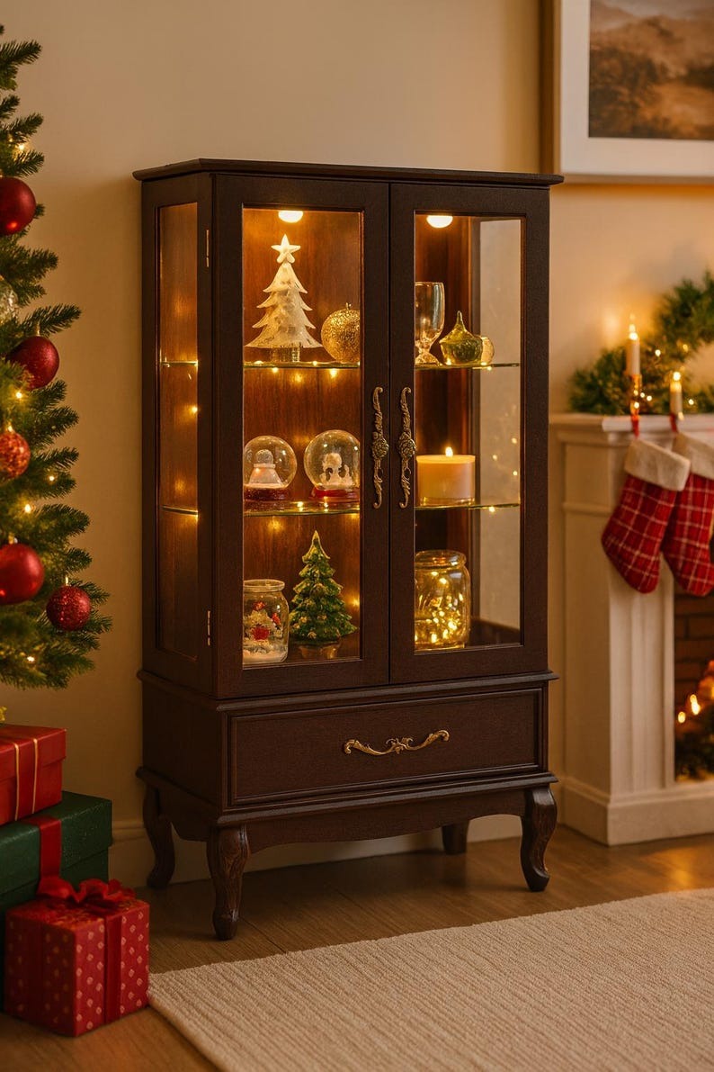 Lighted Curio Cabinet - Dark Cherry Display & Shelves